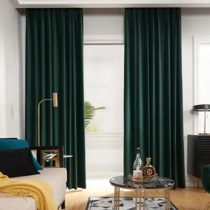 green curtains hanging on wall