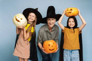 family celebrating halloween