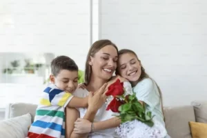 mother and kids smiling