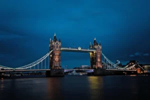 night view of bridge from sea