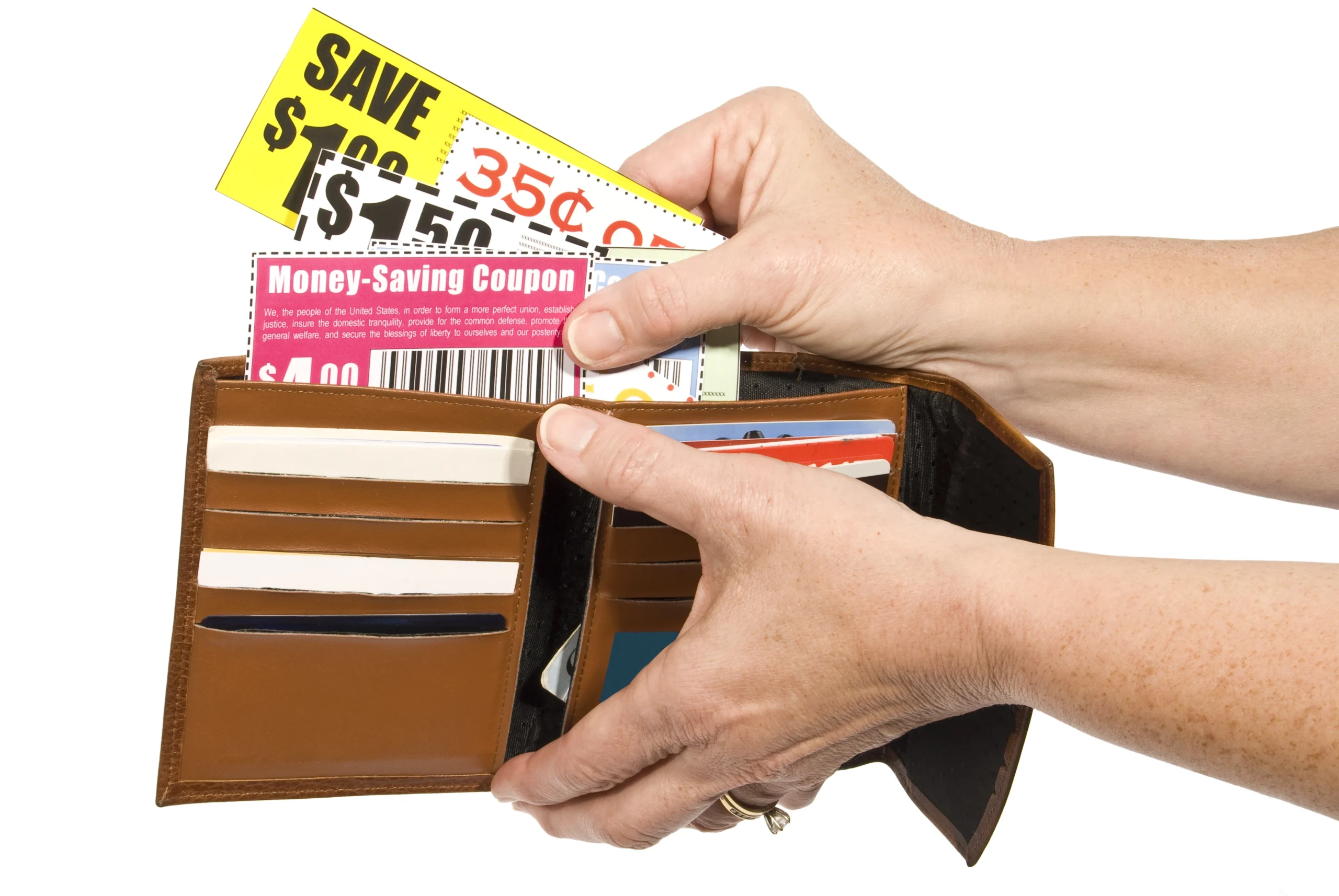 a wallet having too many coupons for savings for grocery
